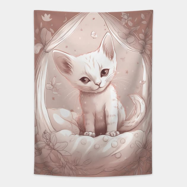 Cute kitten is sitting on the bed. Tapestry by osadchyii