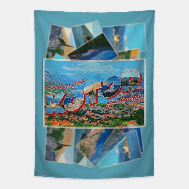 Greetings from Kotor in Montenegro Vintage style retro souvenir Tapestry by DesignerPropo