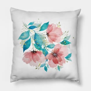 Watercolor Pink and Turquoise Botanical Arrangement 4 Pillow