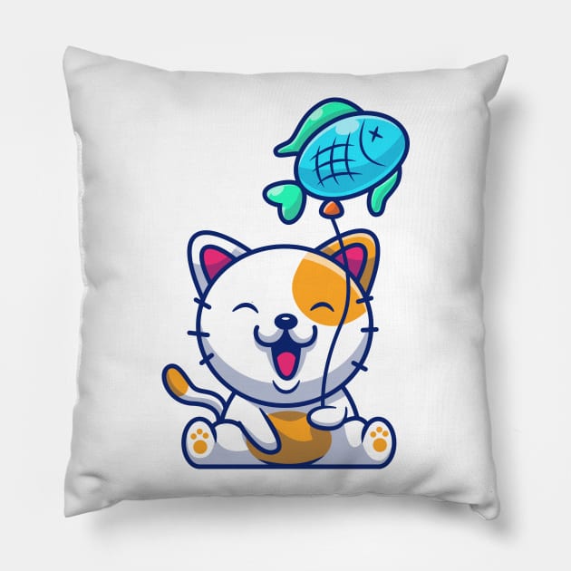 Cute Cat Playing Fish Balloon Cartoon Pillow by Catalyst Labs