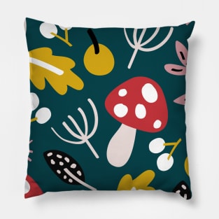 Leaves and mushroom pattern - red, yellow and pink on green Pillow