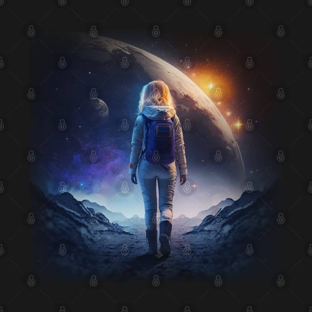 Walking at the moon Blonde girl space galaxy theme by sports_hobbies_apparel