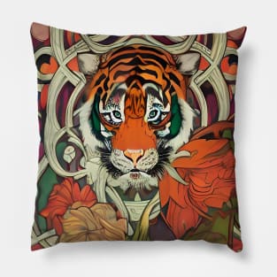 Art Deco Pretty Floral design with a Cool Tiger Pillow