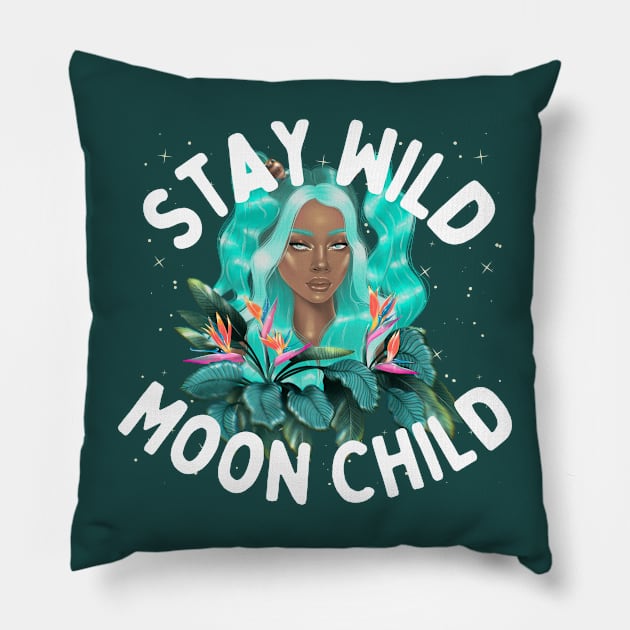 Stay Wild Moon Child Illustration of Celestial Woman | Astrology & Zodiac Shirt or Sticker Design Pillow by Mia Delilah