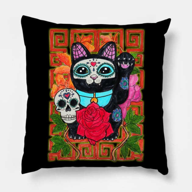 Day of the Dead lucky cat Pillow by JenStedman73