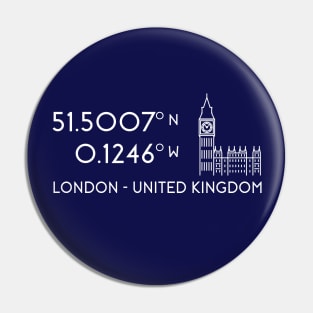 London Map Coordinates (latitude and longitude) focused on Big Ben - white text + image Pin