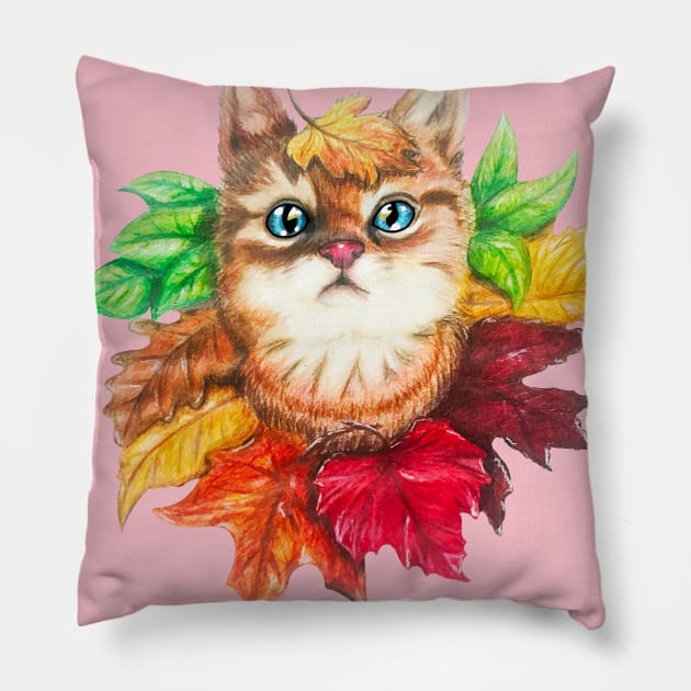 Fall Leaves Cat Pillow by Lady Lilac