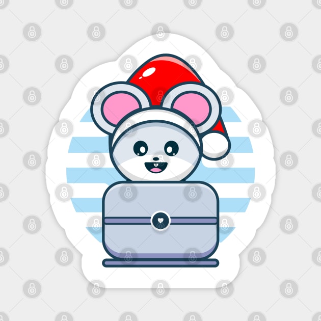 Cute Mouse Rats Character with santa hat Playing Personal Computer Magnet by MrnCreative