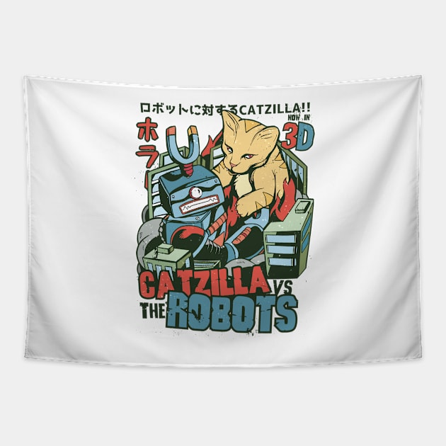 Catzilla v Robots Tapestry by HiFi Tees