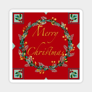 Traditional Golden Berry Merry Christmas Wreath Magnet