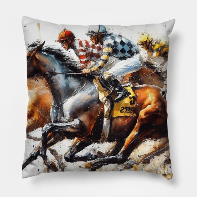 Artistic illustration of horses neck and neck in a horse race. Pillow by WelshDesigns