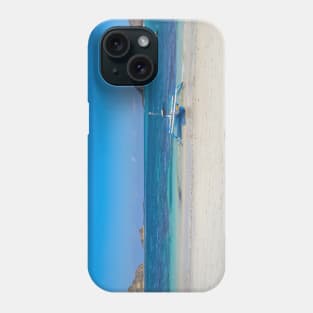 A paradise lagoon beach with a blue longtail boat Phone Case