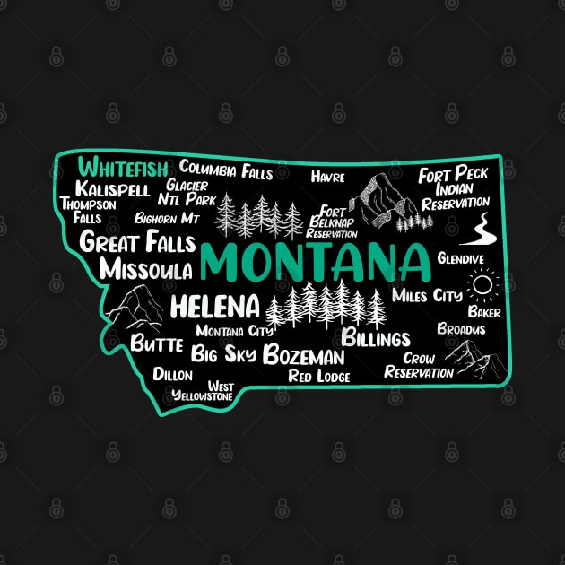 Cute map of Whitefish Montana, Helena, Missoula, Great Falls, Bozemian, Billings, Kalispell, Big Sky by BoogieCreates