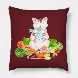 cat eating fish hand drawn Pillow