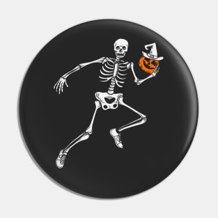 Skeletons playing pumpkin head basketball Pin