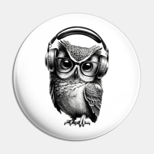Owl Drawing in Black and White Wearing Headphones Pin