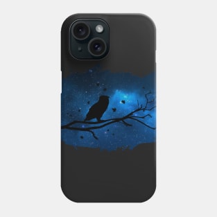 Owl on a tree and galaxy sky (blue) slhouette - Birds lover - Animals lover - Vegan Phone Case