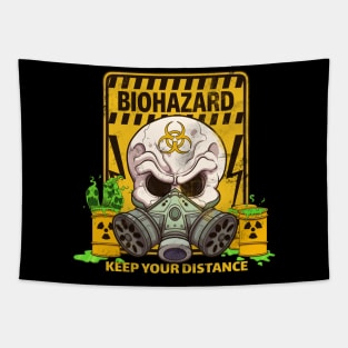 Cartoon Biohazard Skull With Caution Sign Tapestry