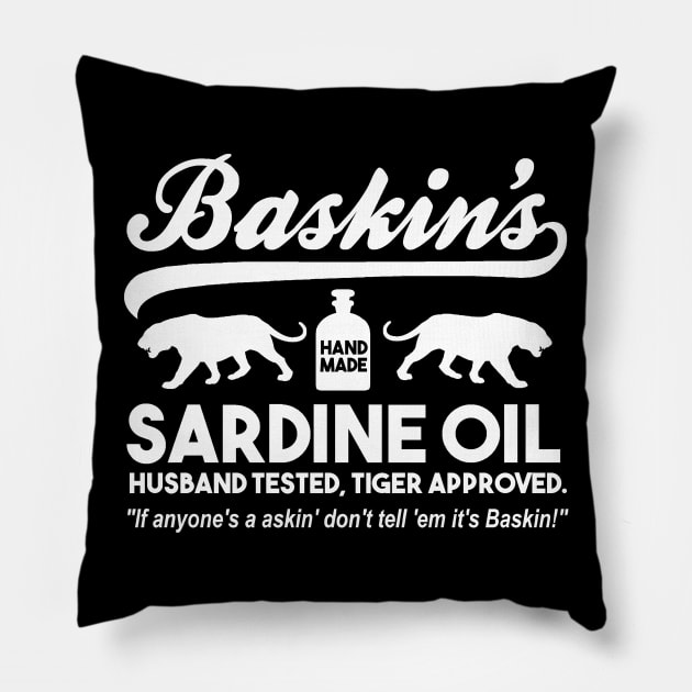 BASKIN'S SARDINE OIL Pillow by thedeuce