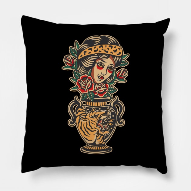 Women Flower Vase Traditional Tattoo Pillow by Abrom Rose