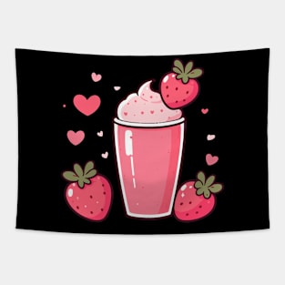 Cute Strawberry Milkshake Ice Cream with Strawberries and Hearts | Kawaii Style Tapestry