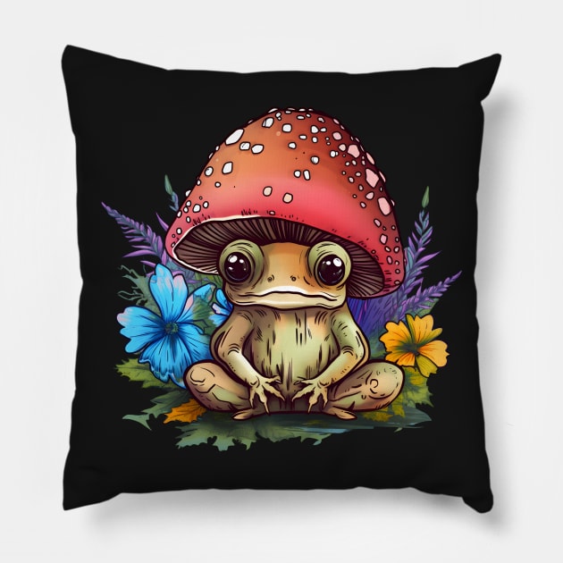 Cute Cottagecore Aesthetic Frog Mushroom Pillow by BaliChili