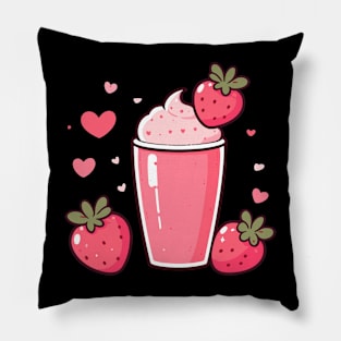 Cute Strawberry Milkshake Ice Cream with Strawberries and Hearts | Kawaii Style Pillow