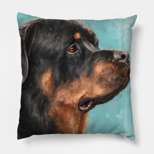 Painting of an Adorable Rottweiler from the Side, Light Blue Spattered Background Pillow