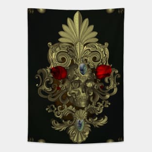 Awesome golden skull with roses Tapestry