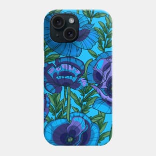 blue poppies flowers and leaves Phone Case