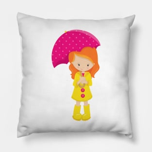 Girl In Raincoat, Girl With Umbrella, Orange Hair Pillow