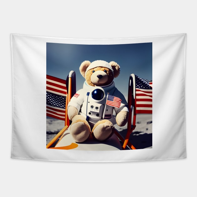 Teddy in a Space suit sitting on a deck chair on the Moon Tapestry by Colin-Bentham