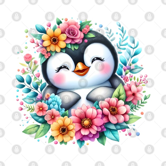 A baby penguin decorated with beautiful colorful flowers. by CreativeSparkzz