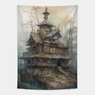 Gothic Futurism House in the Old Ancient Woods Tapestry