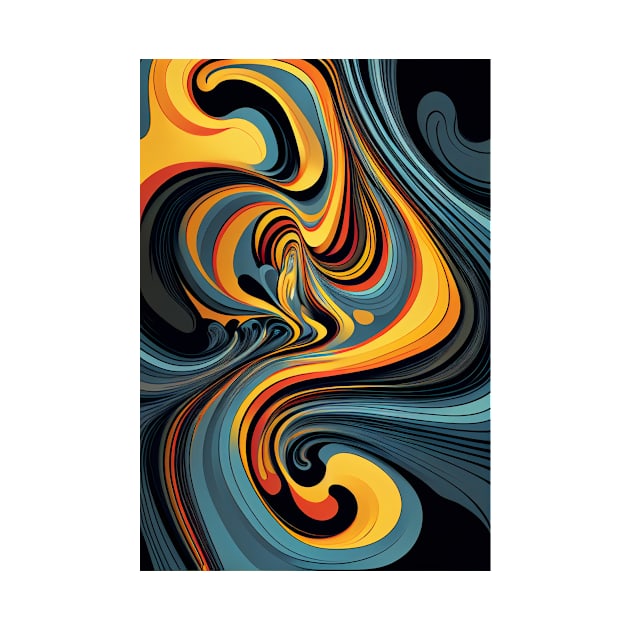 Liquid Swirl Contemporary Abstract Pattern in Orange, Yellow, Black, Navy, Blue, Green, Brown, Cream, Gold, Red by HiArtify