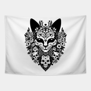 Creepy demon cat with demon skulls and flowers Tapestry