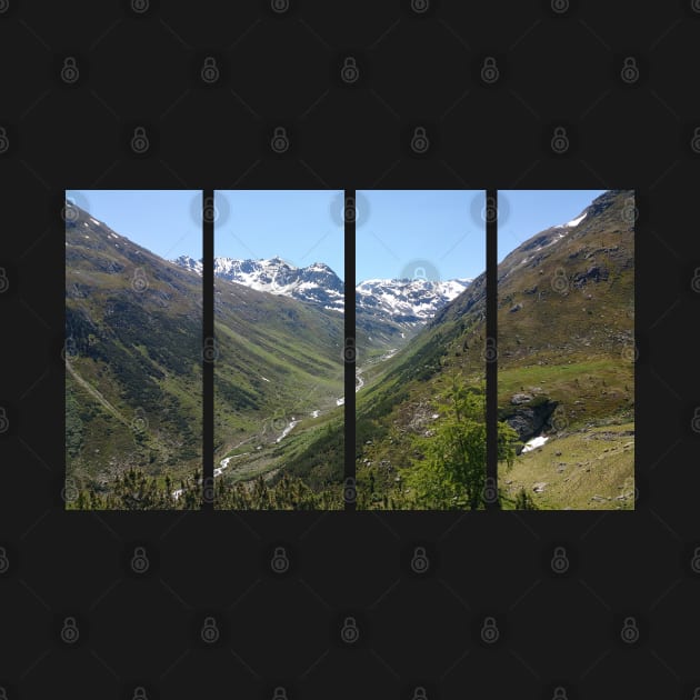 A shot on the move from the driver window of an electric car with snow-covered alps mountains in front of it. Sunny summer day. POV first person view shot on a mountain road. Italy by fabbroni-art