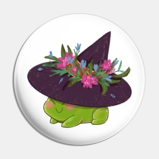 Witchy frog wearing pointy witch hat with flowers Pin