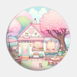 cute cat cafe with pink cherry blossom trees Pin