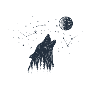 Inspirational Illustration With Wolf, Moon, Stars And Forest In Double Exposure Style T-Shirt