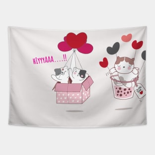 cute animal cat flying with love red balloon Tapestry