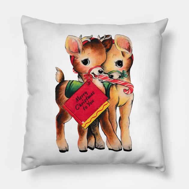 Vintage Reindeer Cute and Cuddled Together Pillow by Urban Palette