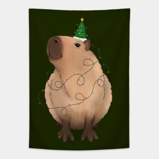 Christmas light up Capybara with string lights and a tree hat Tapestry