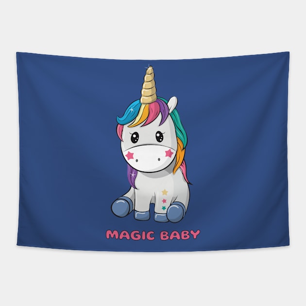 Cute little unicorn girl with coloured hair and words magic baby Tapestry by playmanko