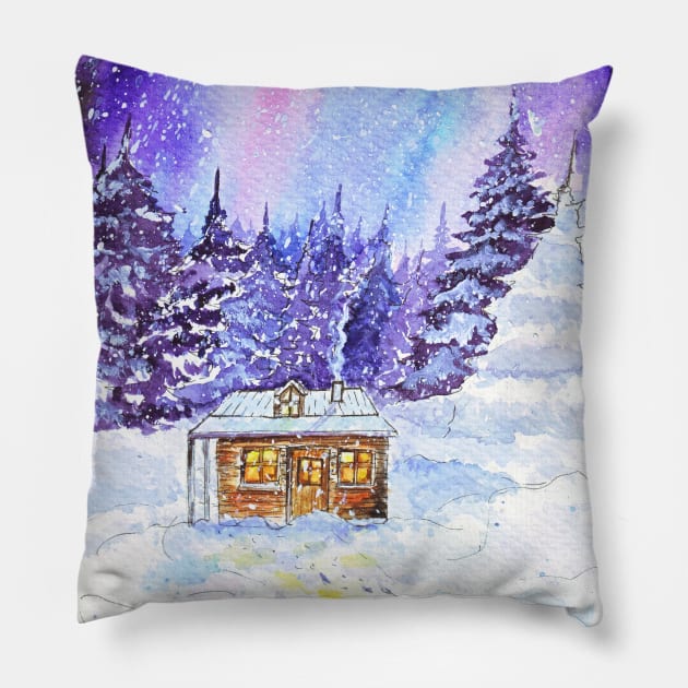 Snowy Night: Watercolor Winter Landscape with Cozy Cottage Pillow by Wolshebnaja