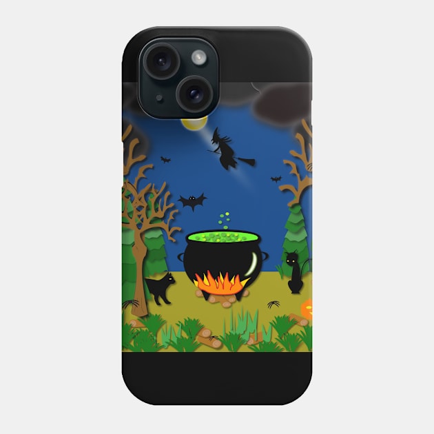 Scary, spooky, creepy, halloween with cauldron, spiders, bats, cats and a black witch on a broom stick Phone Case by designInk