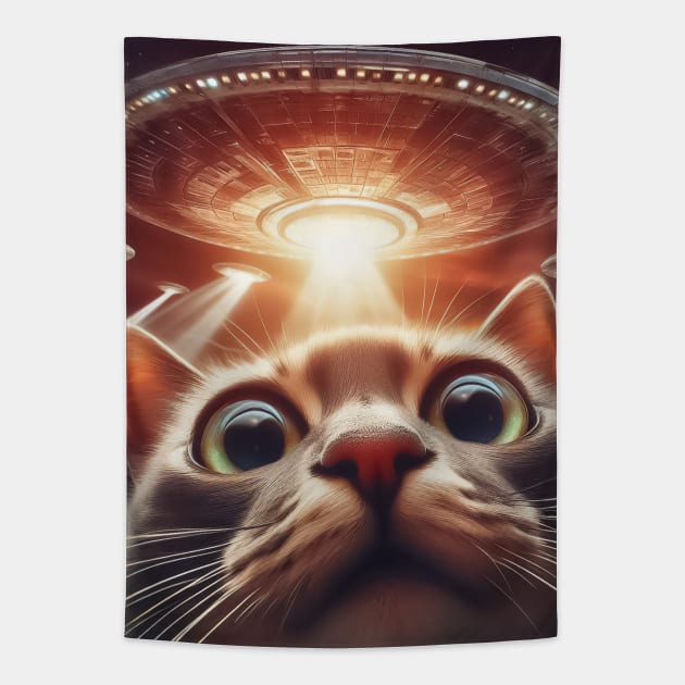 Cat selfie with UFO Tapestry by TomFrontierArt