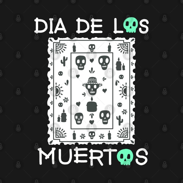 Dia De Los Muertos -  White and Green - Papel Picado - Black skulls by Scriptnbones