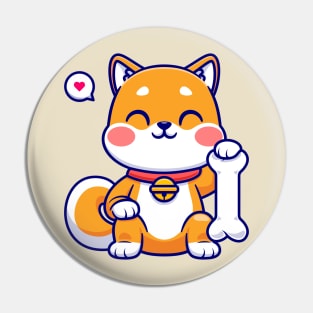 Cute Shiba Inu Dog Sitting With Bone Cartoon Pin