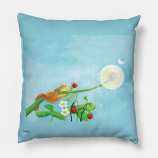 Playful Hazel Dormouse Clinging onto a Dandelion Puff Pillow